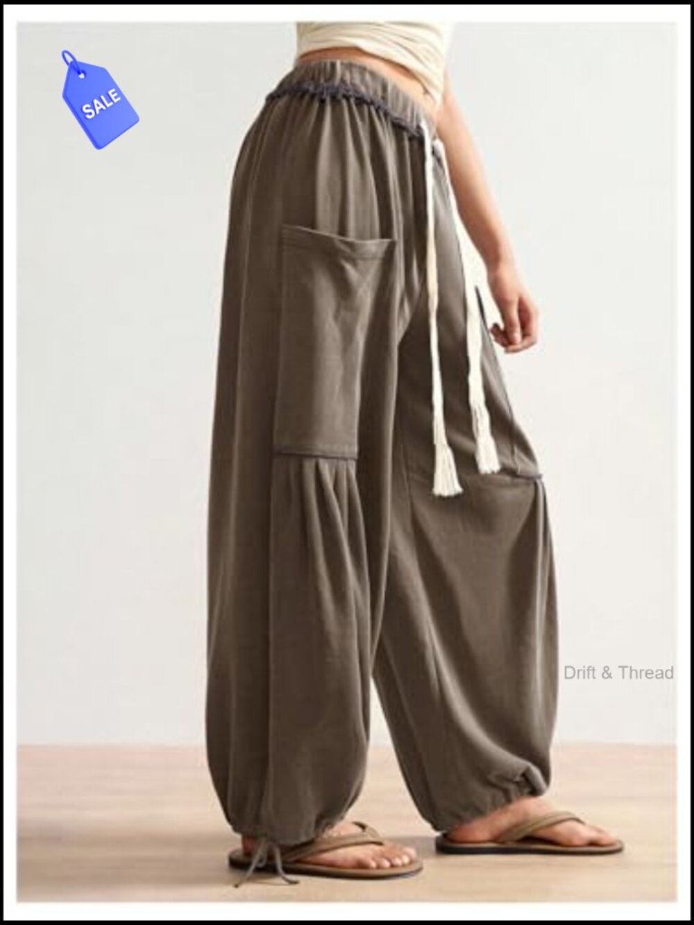 Boho Harem Sweatpants Wide Leg Drawstring Joggers with Pockets - Picture 4 of 6